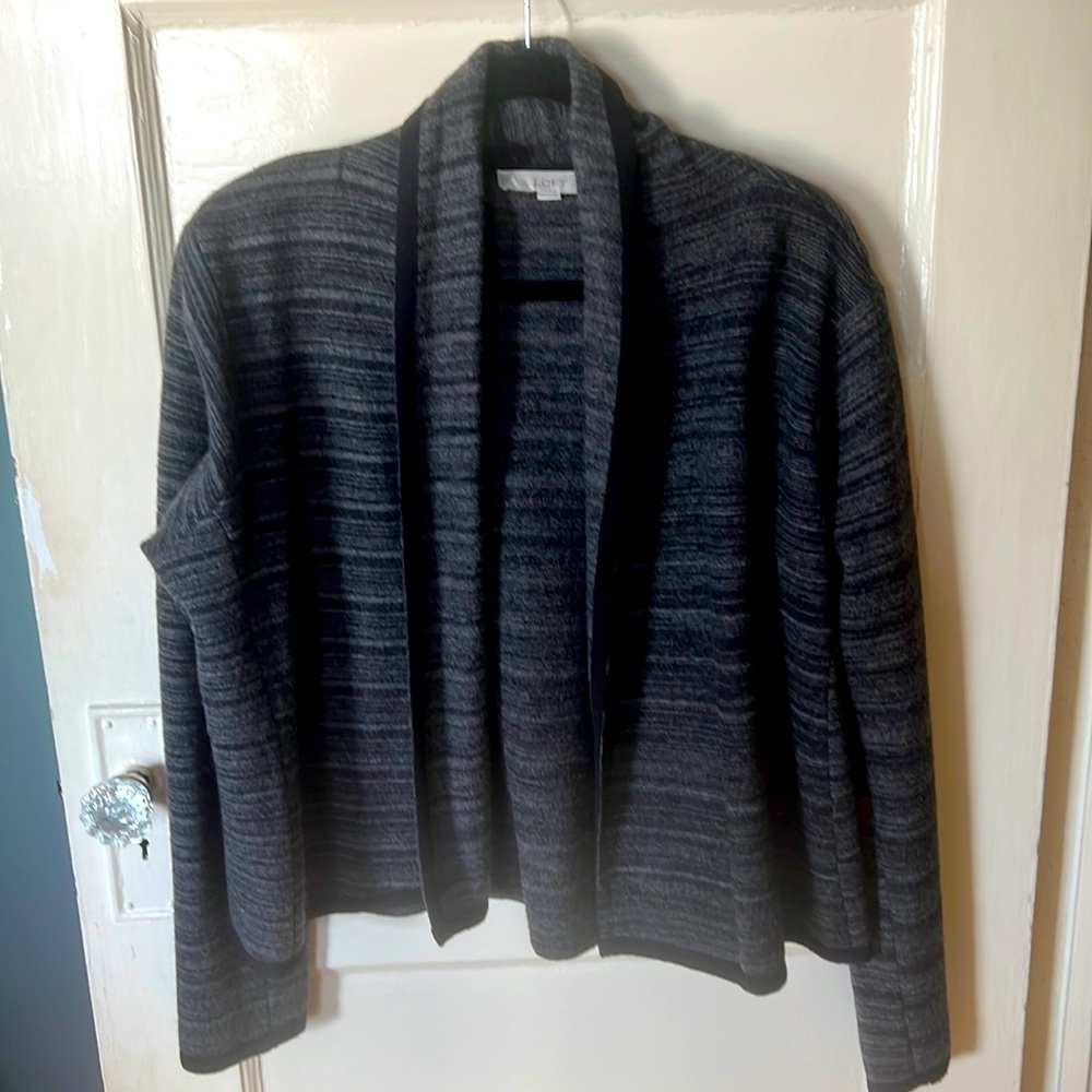 LOFT Gray and Black open front  striped Merino wool Cardigan